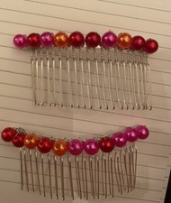  2 Vintage Tropical Punch Fuchsia Coral Pearl Bead Silver Metal Hair Combs