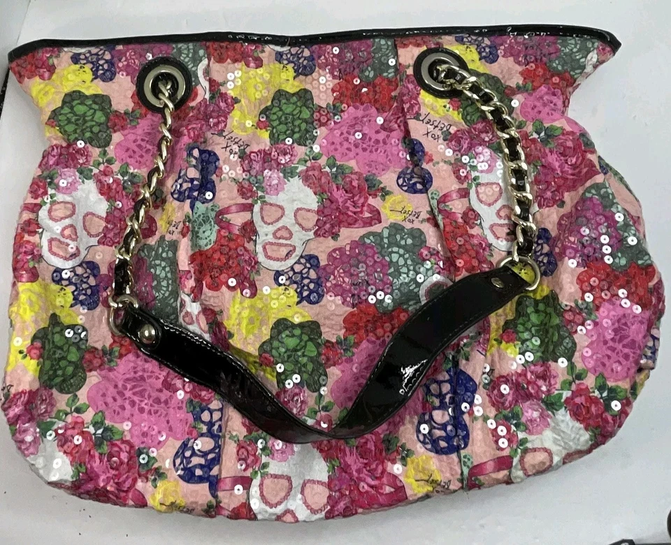 Sequined Skull Floral Multicolor Chain Straps Betsey Johnson Purse - Image 3 of 4