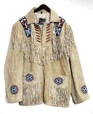 Men Western Cowboy Suede Fringe Jacket Beaded Native American Leather Jacket