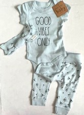 RAE DUNN 3 piece set light blue/dragonfly/good vibe motif size 0-3 months