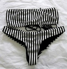 NWOT PilyQ S Bandeau Lace Tassel Bikini Top  Bottom Black White Stripe 98654