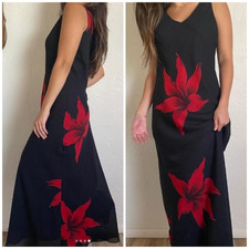 Y2k Black Floral Maxi Dress 12 Chiffon Big Red Flowers Fairygoth Whimsigoth Vamp