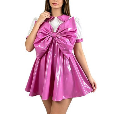 Glossy PVC Leather Puff Short Sleeve A-line Dress Big Bow Pleated Lolita Dress