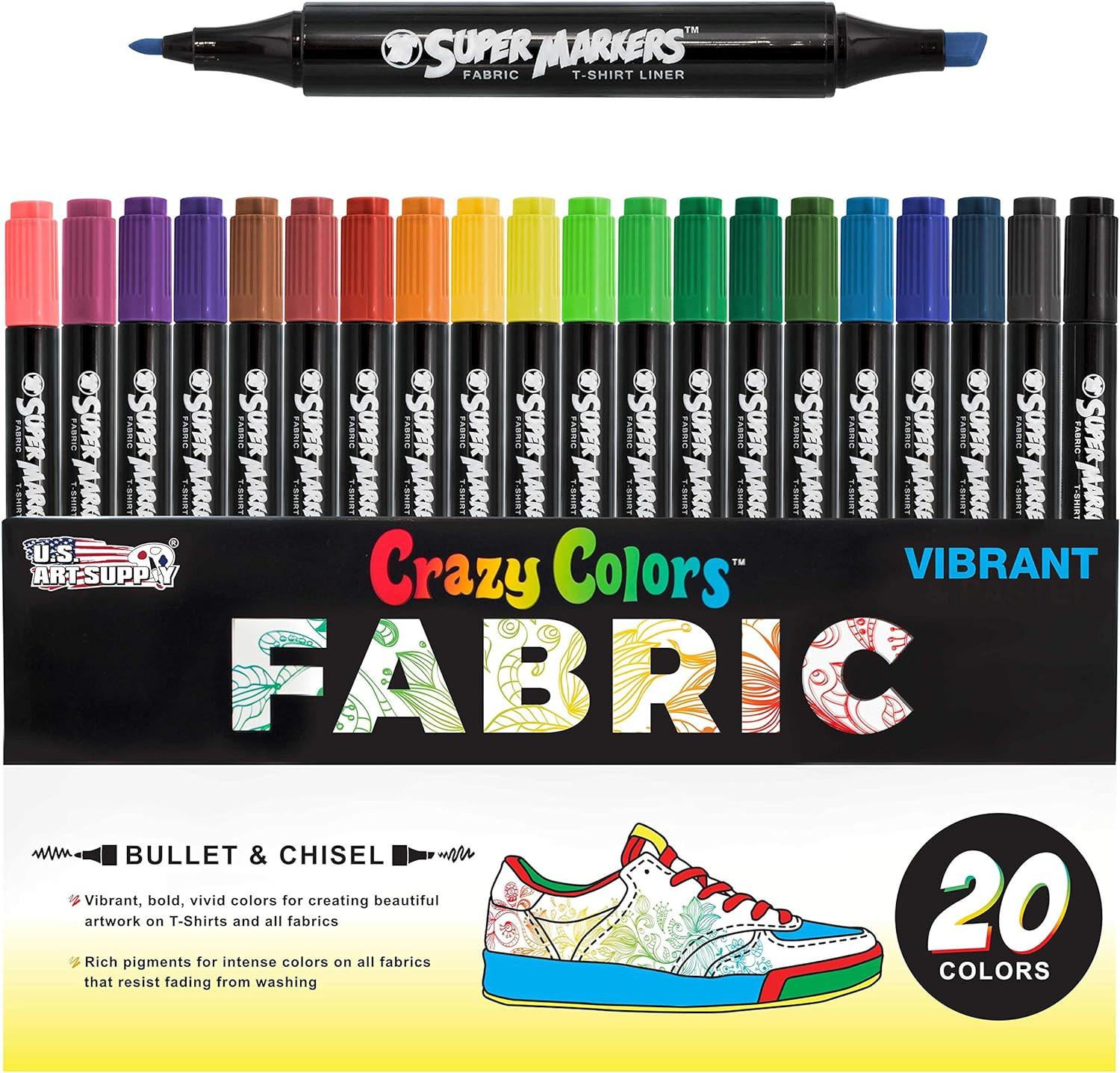20 Vibrant Dual Tip Fabric Markers - Fine & Chisel
