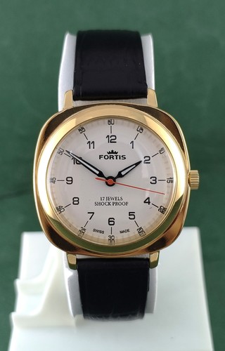 Vintage Fortis Hand-Winding White Dial GP Case Men Wristwatch Leather Band