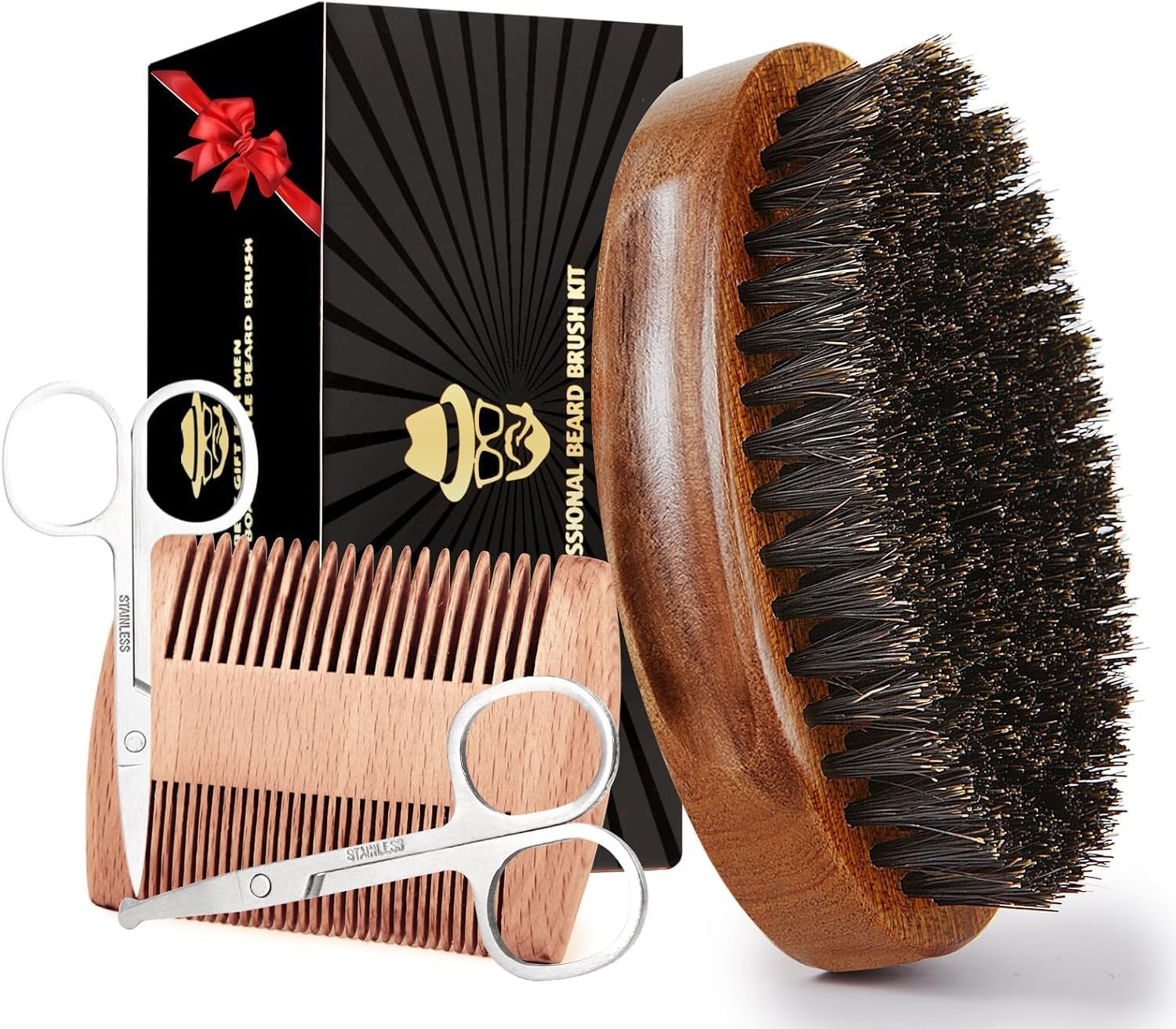 Boar Bristle Beard Brush for Men, Beards and Mustaches Grooming Set Including 10