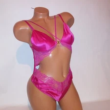 Victoria Secret Lingerie Teddy One Piece Pink Satin Lace Cutout Strappy Thong