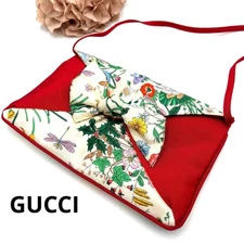 GUCCI Flora Flower 2-way Shoulder Bag Clutch Red With Zippered Pocket #419