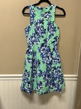 J Crew Dress Floral Preppy Fit Flare Sleeveless Lined Pockets Size 6 Blue Green