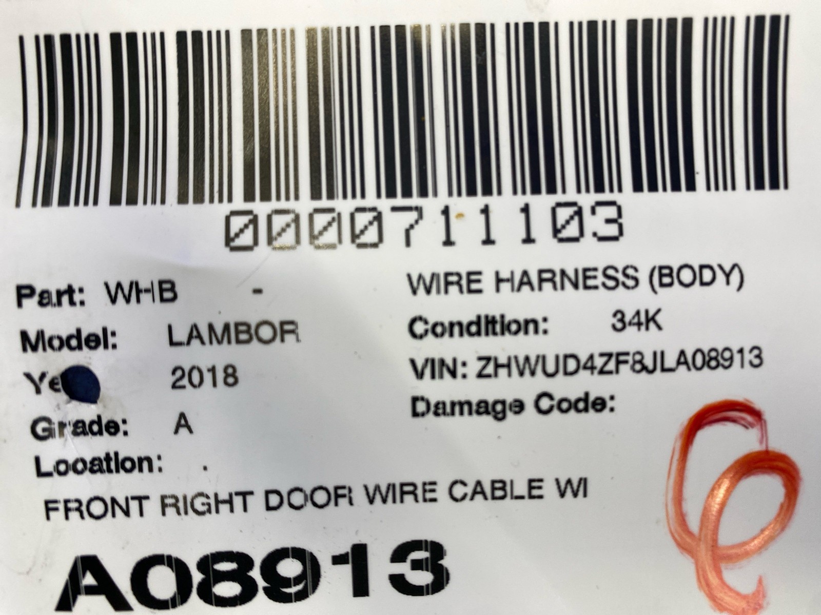 LAMBORGHINI HURACAN LP640-4 PERFORMANTE FRONT RIGHT DOOR WIRE CABLE HARNESS