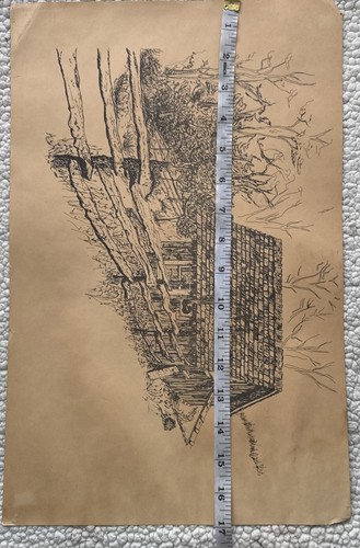 Vintage Pen And Ink Drawing/Sketch Barn, House, Fence, Trees Rustic Countryside - Picture 9 of 9