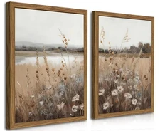 Wood Frame Vintage Wall Art Set of 2, Retro Farmhouse Wildflower Wall Decor P...