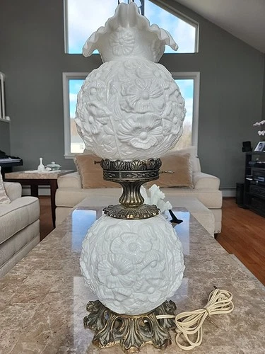 Vintage Fenton White Milk Glass Poppy GWTW Parlor Lamp, 3 Way Switch,  24' Tall