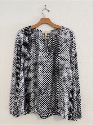 New Michael Michael Kors Basic Black and White Pattern Blouse Size L Gold Accent