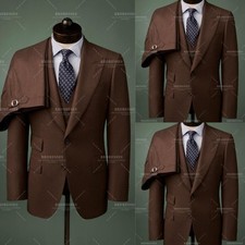 Classic Men's Formal Suit Brown Tailored Jacket Tuxedo Business Workwear 3Pcs