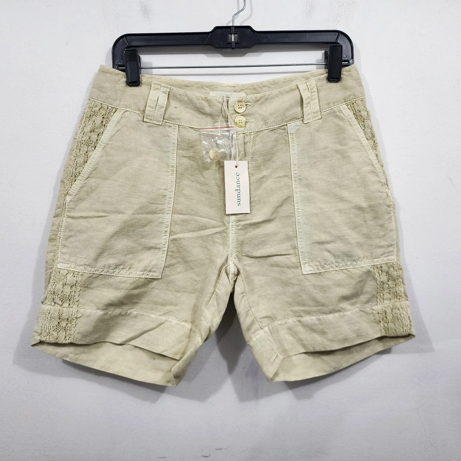 Sundance Linen Organia Crochet Lace Trim Shorts Yellow Mustard Seed NEW Size 12