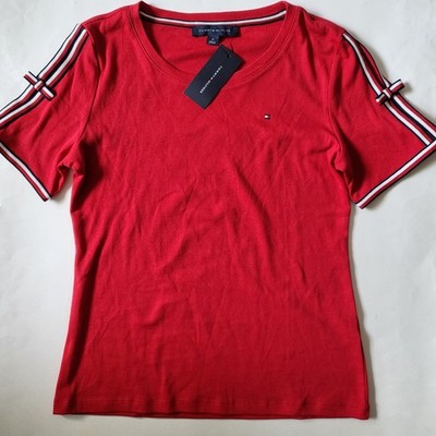 TOMMY HILFIGER womens shirt Flag logo Tie-Sleeve Top Size M L XL White Pink Red