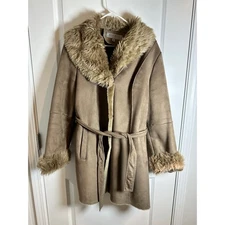 Anne Klein Faux Suede Fur Trim Collar Belted Coat Womens Jacket