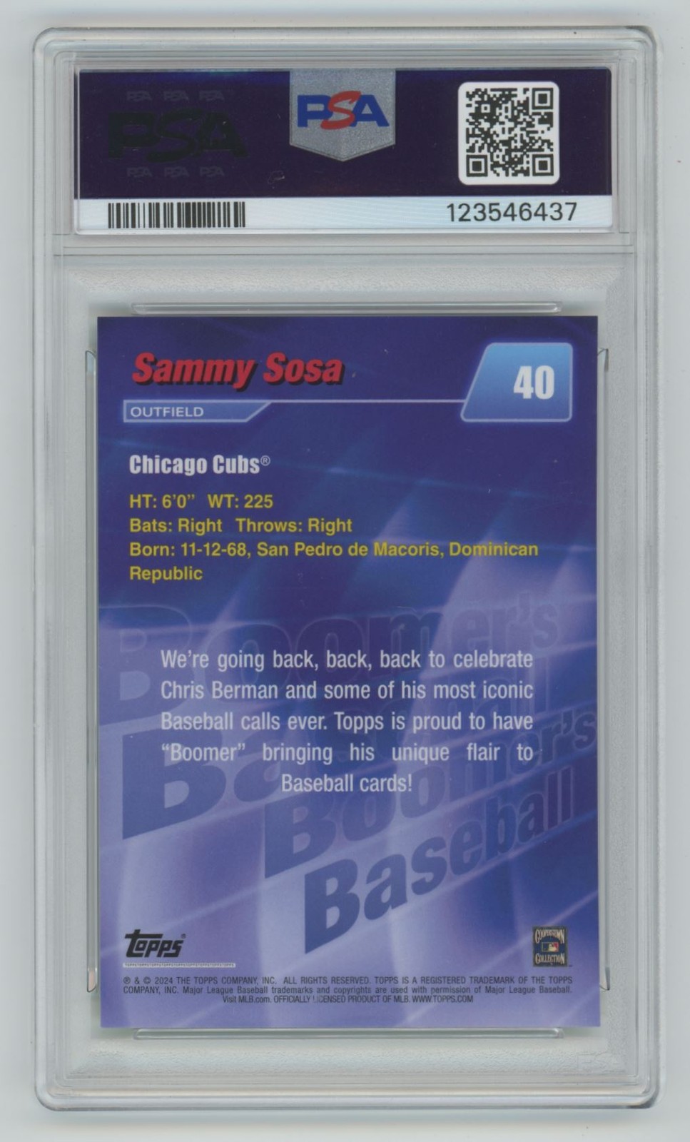 Sammy Sosa 2024 Topps X Boomer's Green Pop 1, None Higher! /75 PSA 6 #40 Chicago view 2