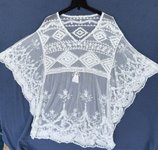 Kimono Cover up Ivory Sheer Embroidered Peasant Festival Beach One Size