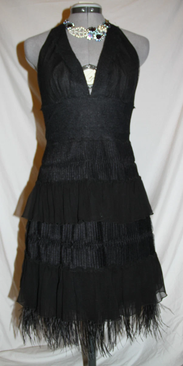 378 BCBG MAXAZRIA black silk lace chiffon tiered feather halter dress sz 0 NWT
