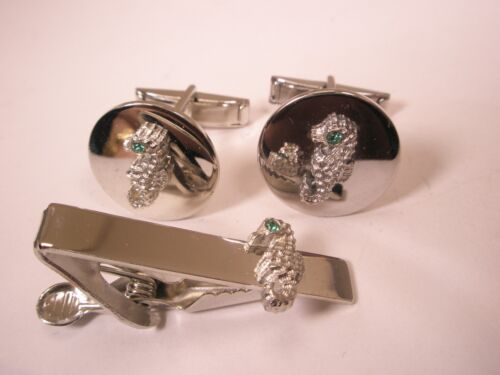 Green Eyed Sea Horses Rhodium Plated Vintage Cuff Links & Tie Bar Clip animal - Picture 1 of 10