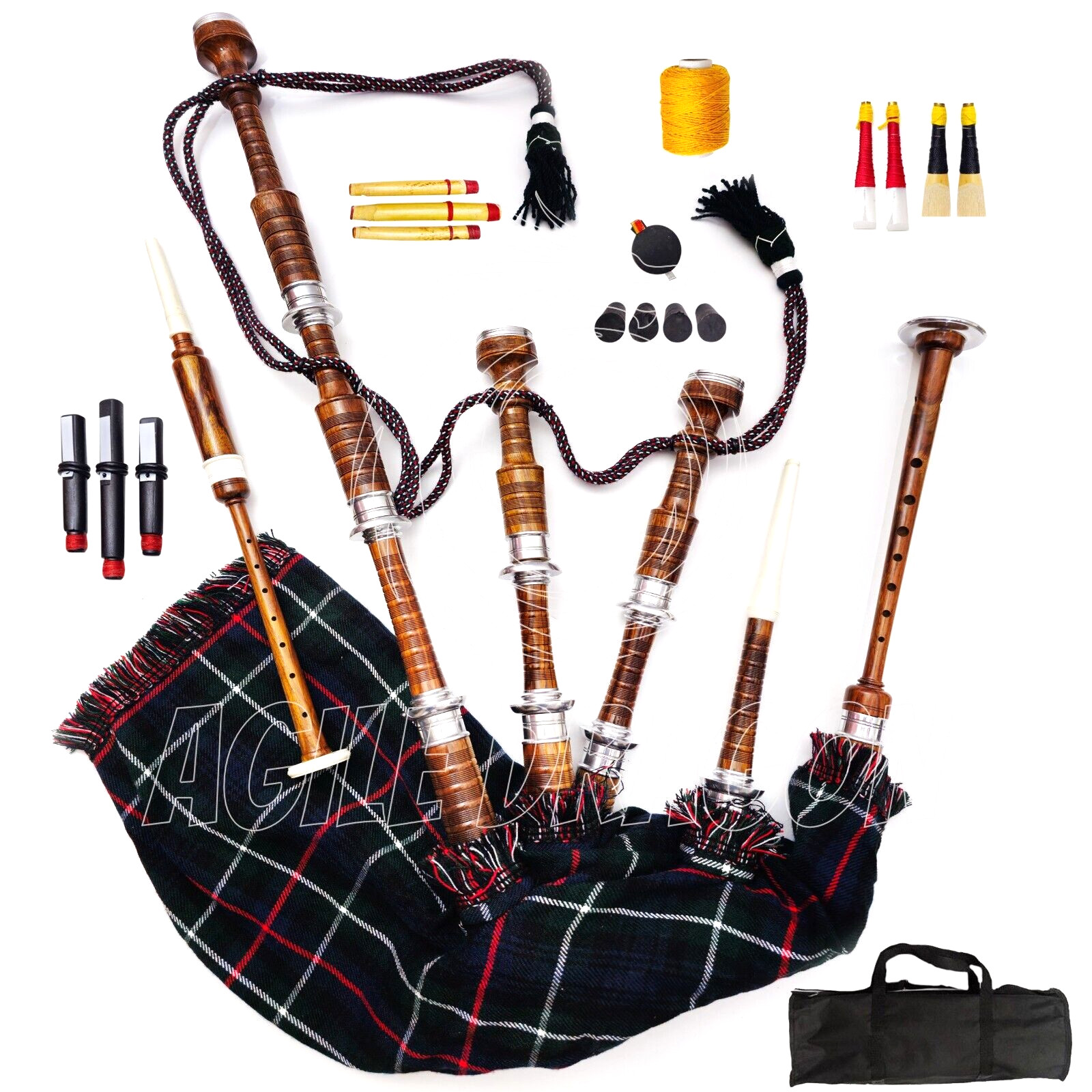 Great Highland Scottish Bagpipes Silver Mount Natural Finish with Bag Tutor Book