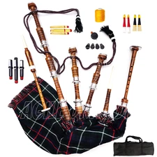 Great Highland Scottish Bagpipes Silver Mount Natural Finish with Bag Tutor Book
