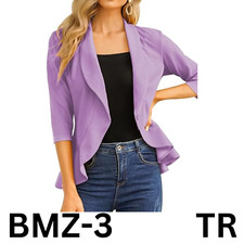 KOJOOIN Women Casual Blazer 3/4 Sleeve Open Front Ruffle Work Office Cardigan, S