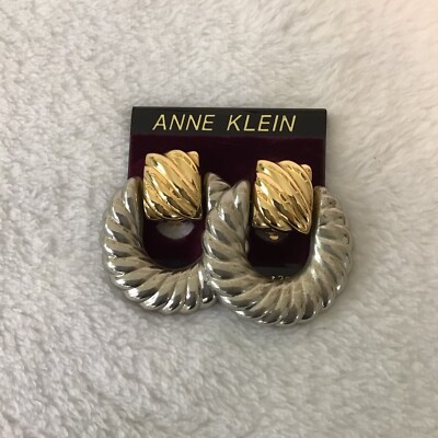 Vintage Anne Klein Chunky Door Knocker Clip On Earrings Gold And Silver Tone New