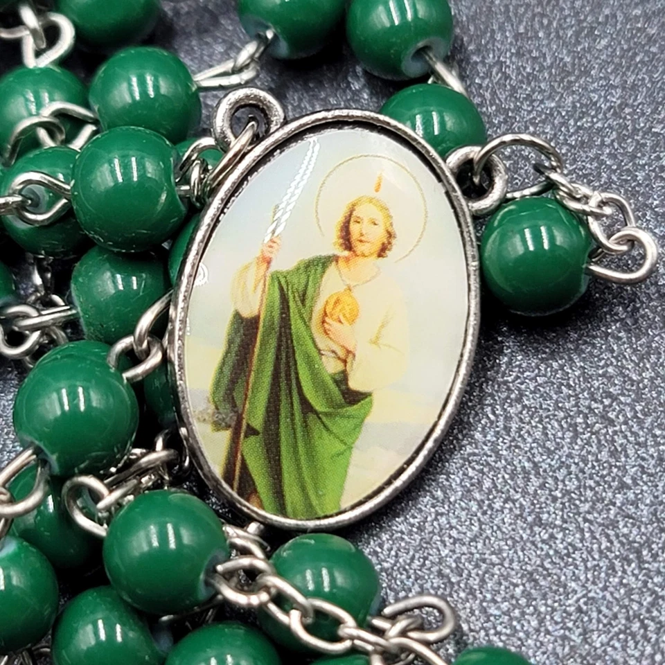 Saint Jude Rosary Silver tone Green Beads - Image 4 of 4