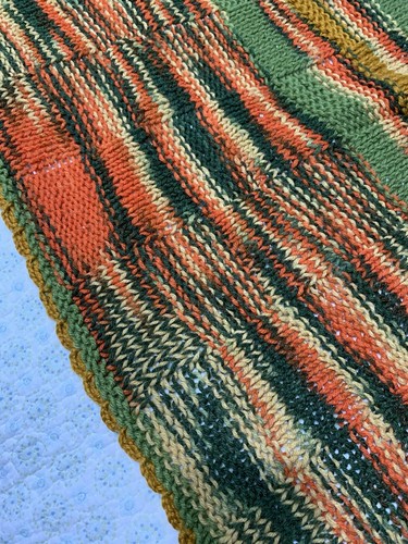 Handmade Crocheted Throw 46" x 50" Fall Colors Orange Green Gold Scalloped Edge - Picture 7 of 10