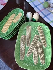 Vintage Majolica Style Corn Platter & Plate Set (4) 1950’s Bonus Salt & Pepper