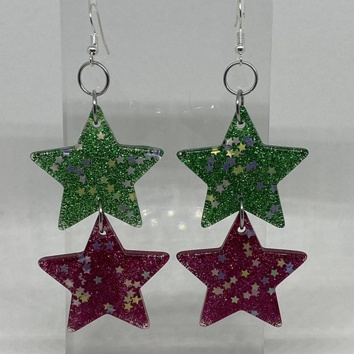 Large double Star earrings , Glitter and Resin Kitsch Fun 10 cm Long Amelia - Picture 4 of 49