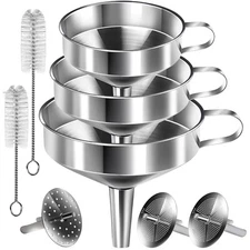 304 Stainless Steel Funnel Set: 3 Large Kitchen Funnels with Strainers & Brushes
