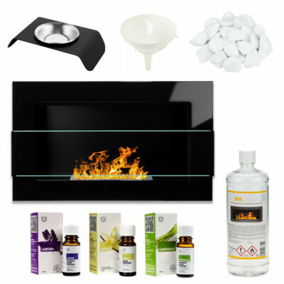 Bio Ethanol Kamin 650x400 ECO Design Glasscheibe Schwarz Glanz + Zubehör
