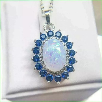 3Ct Oval Lab-Created Fire Opal Sapphire Women Halo Pendant 14K White Gold Plated
