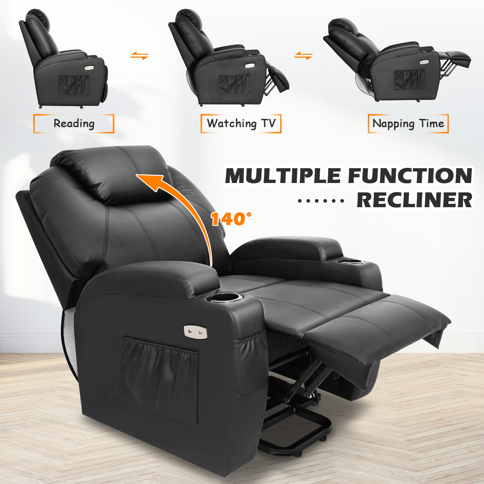 Electric Massage Recliner Chair Lift Heated Vibration Leather Lounge ...