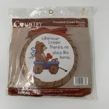 Janlynn Country Home Counted Cross Stitch Kit 5" Round Vtg Wagon Bear #50-577