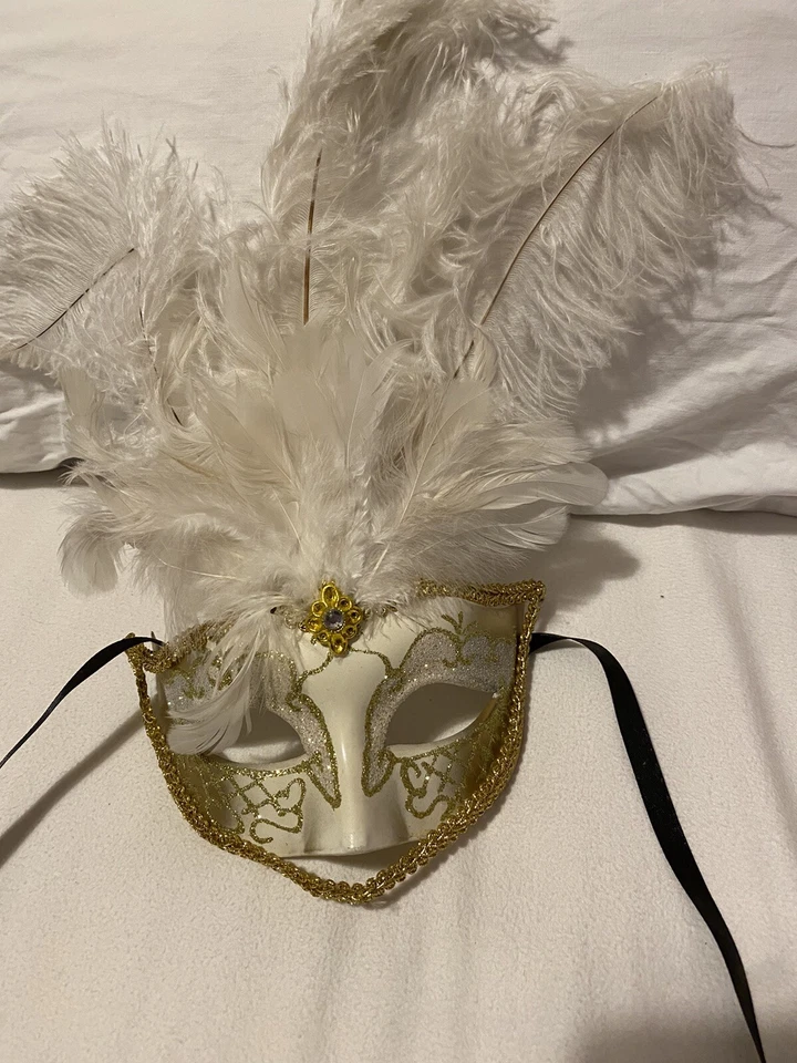 Authentic Venetian Mask From Italy  Gold & White Feather - Image 2 of 2