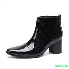 Men  s Patent Leather High Cuban Heel Chelsea Ankle Boots Dress Shoes Add Height