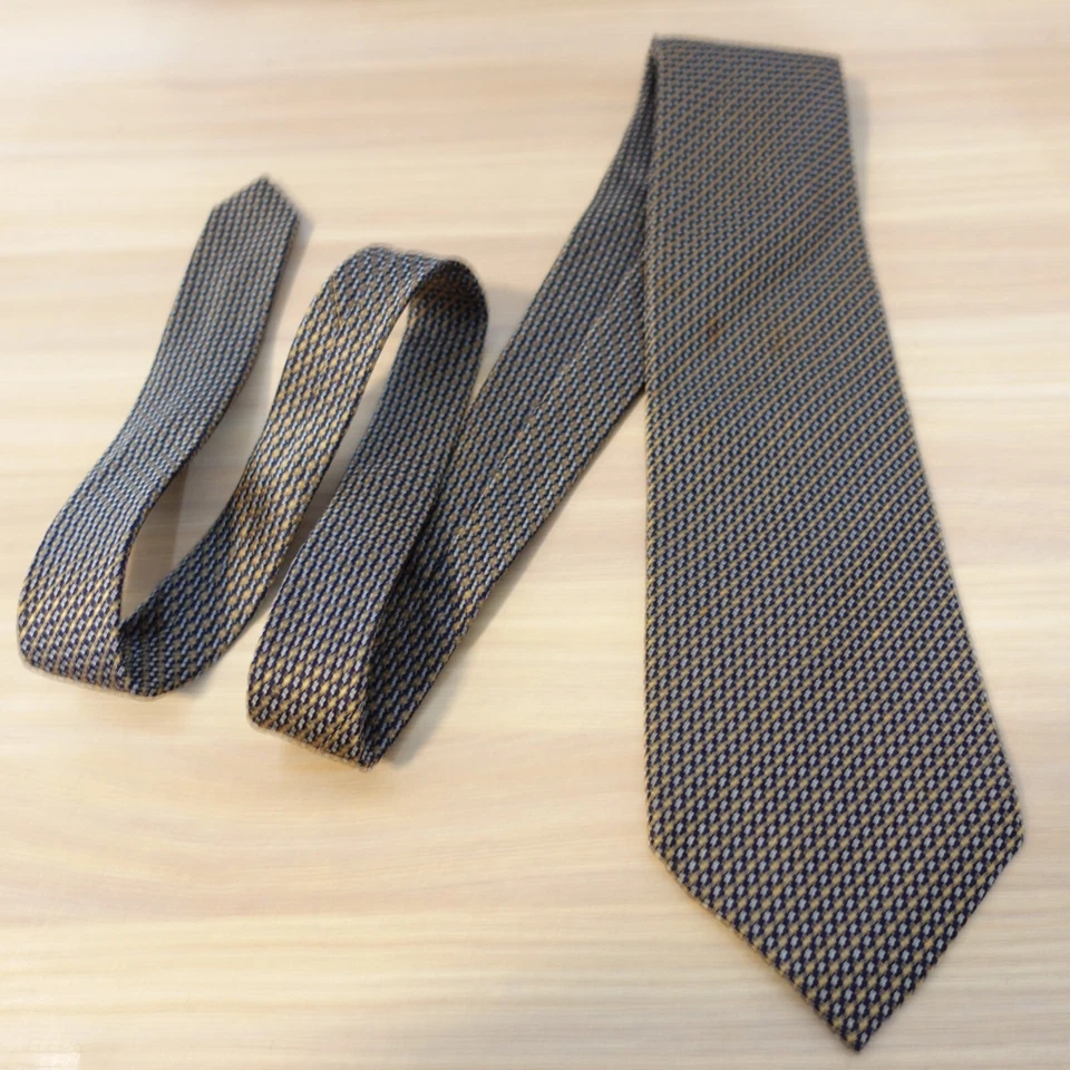 Mens Neck Tie NISHIJIN ORI Blue Gold Basketweave Silk Suit Wide Short YACE Japan - Image 4 of 4