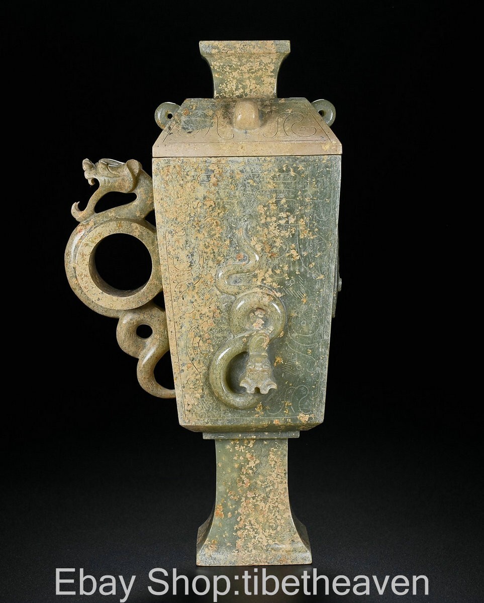 8.2" Old Chinese Hetian Jade Craving Fengshui Dragon Beast Sculpture Echelon Cup