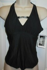RHINESTONE Halter Camisole SHELF LINED BLACK Matte Spandex Camisole Dance Top