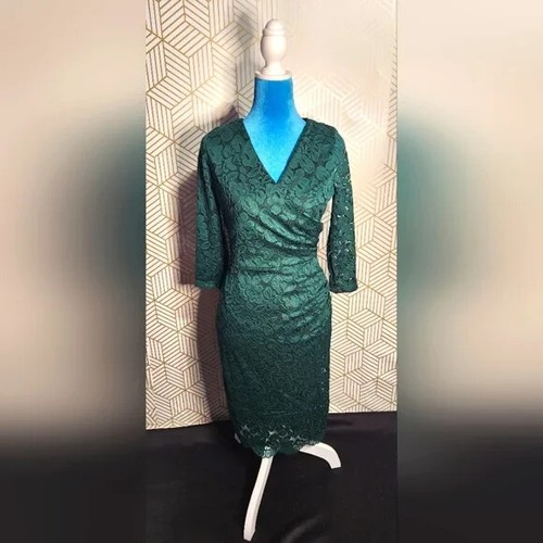 Women Emerald Green vintage lace cocktail evening V-neck long sleeve dress (S) - Picture 3 of 7