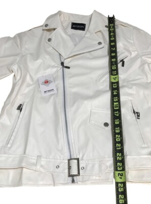 SNZOR Women's Asymmetrical Faux-Leather Moto Jacket White Size L
