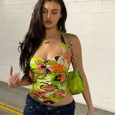 Green Floral Print Halter Top Sexy Hippie Club Flower Sweetheart Backless Camis
