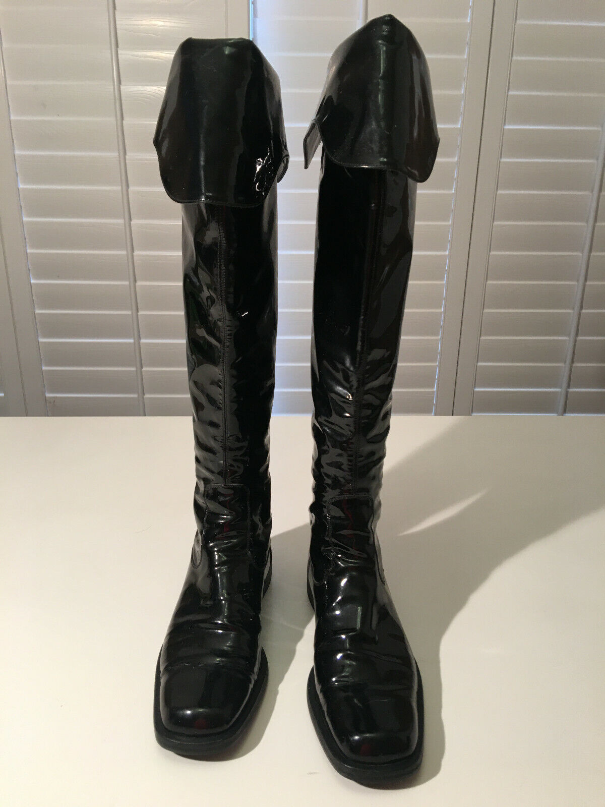 Auth Vintage CHANEL '01 Runway Black Patent Leather CC Logo Over Knee Boots  36.5
