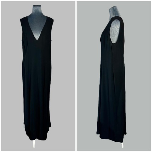 Vintage 90s DKNY Summer Wool Minimalist elegant Black V neck Maxi Dress sz 14 - Picture 7 of 8