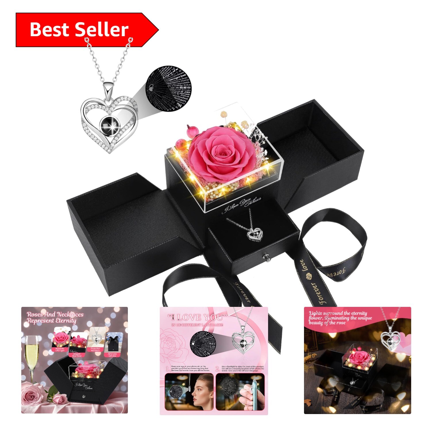 Valentine’s Gift: Preserved Rose in Box with I Love You in 100 Languages Pendant